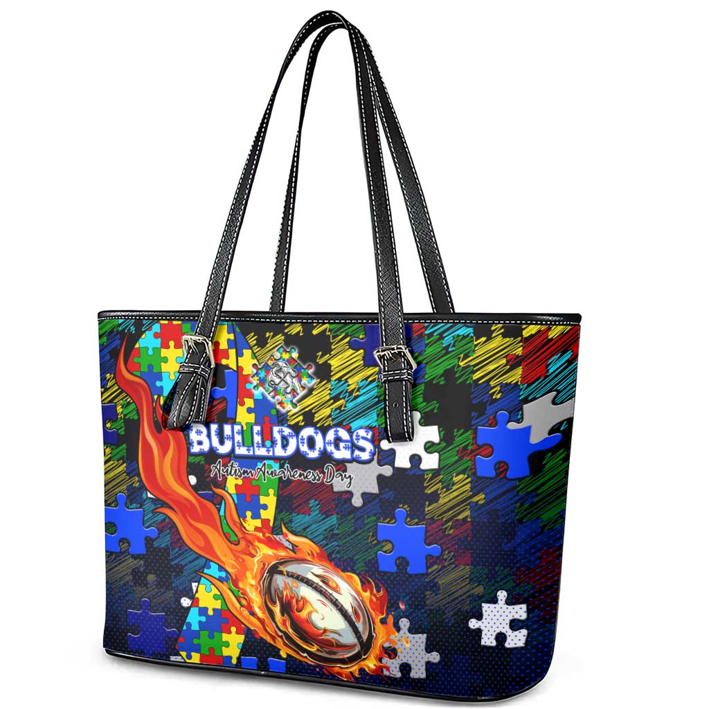 Bulldogs Autism Awareness Leather Tote Bag Puzzle Flames Rugby Ball