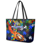 Bulldogs Autism Awareness Leather Tote Bag Puzzle Flames Rugby Ball