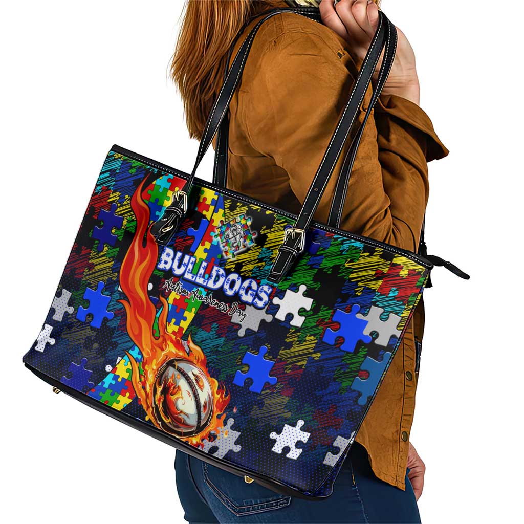 Bulldogs Autism Awareness Leather Tote Bag Puzzle Flames Rugby Ball