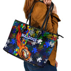 Bulldogs Autism Awareness Leather Tote Bag Puzzle Flames Rugby Ball