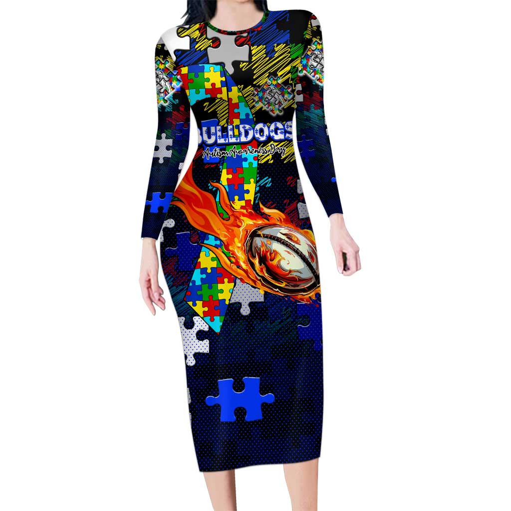 Bulldogs Autism Awareness Long Sleeve Bodycon Dress Puzzle Flames Rugby Ball