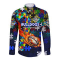 Bulldogs Autism Awareness Long Sleeve Button Shirt Puzzle Flames Rugby Ball