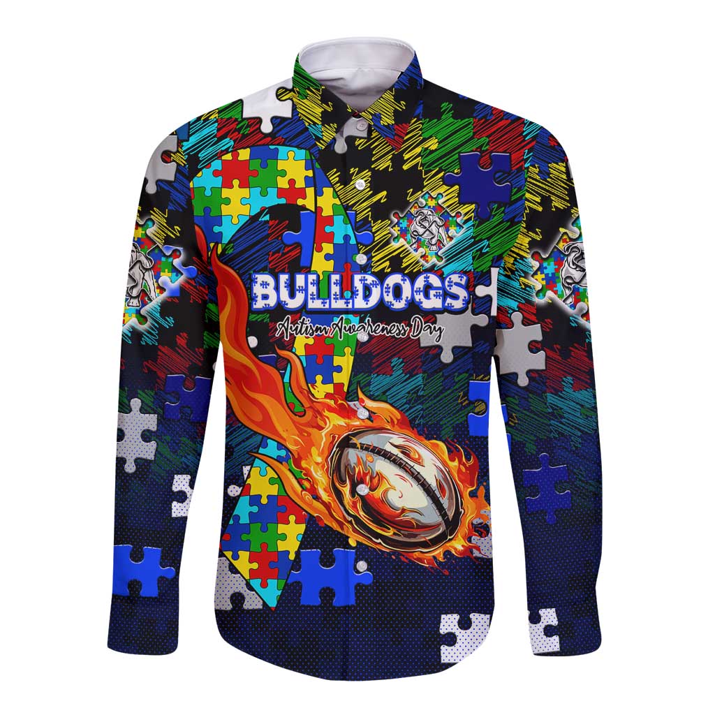 Bulldogs Autism Awareness Long Sleeve Button Shirt Puzzle Flames Rugby Ball
