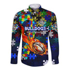 Bulldogs Autism Awareness Long Sleeve Button Shirt Puzzle Flames Rugby Ball