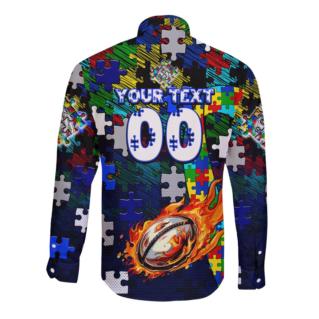 Bulldogs Autism Awareness Long Sleeve Button Shirt Puzzle Flames Rugby Ball