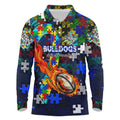 Bulldogs Autism Awareness Long Sleeve Polo Shirt Puzzle Flames Rugby Ball