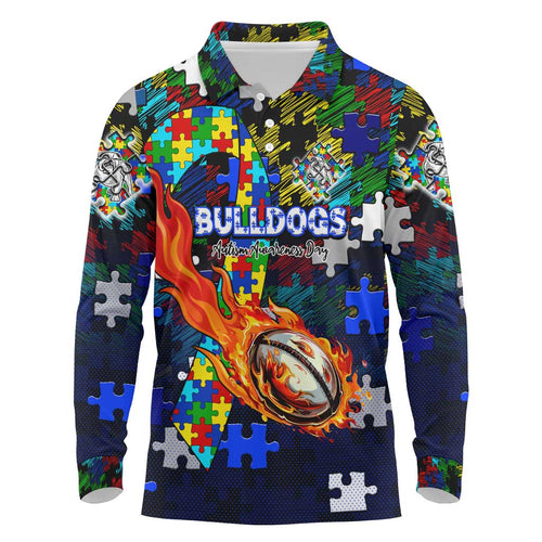 Bulldogs Autism Awareness Long Sleeve Polo Shirt Puzzle Flames Rugby Ball