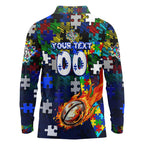 Bulldogs Autism Awareness Long Sleeve Polo Shirt Puzzle Flames Rugby Ball