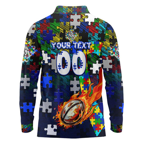 Bulldogs Autism Awareness Long Sleeve Polo Shirt Puzzle Flames Rugby Ball