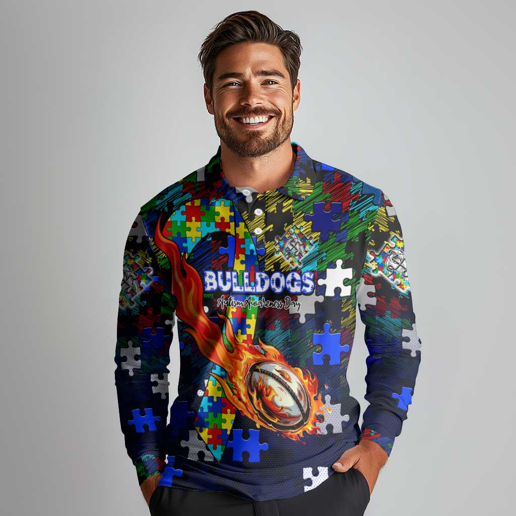 Bulldogs Autism Awareness Long Sleeve Polo Shirt Puzzle Flames Rugby Ball