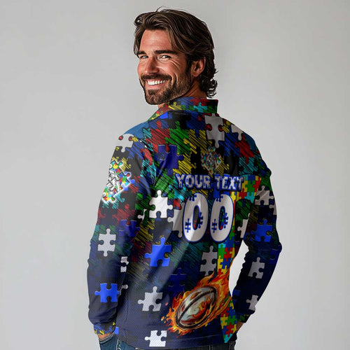 Bulldogs Autism Awareness Long Sleeve Polo Shirt Puzzle Flames Rugby Ball