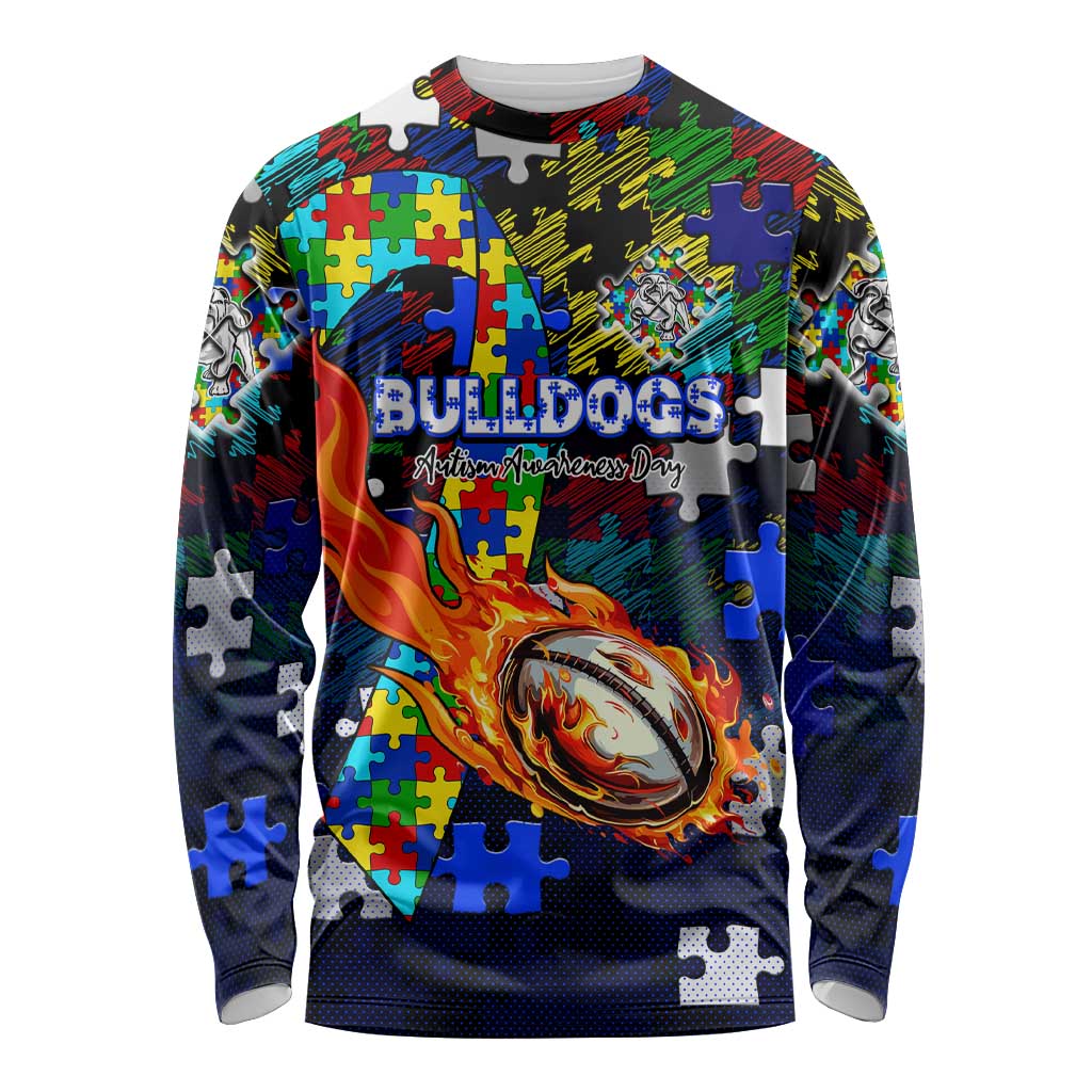 Bulldogs Autism Awareness Long Sleeve Shirt Puzzle Flames Rugby Ball