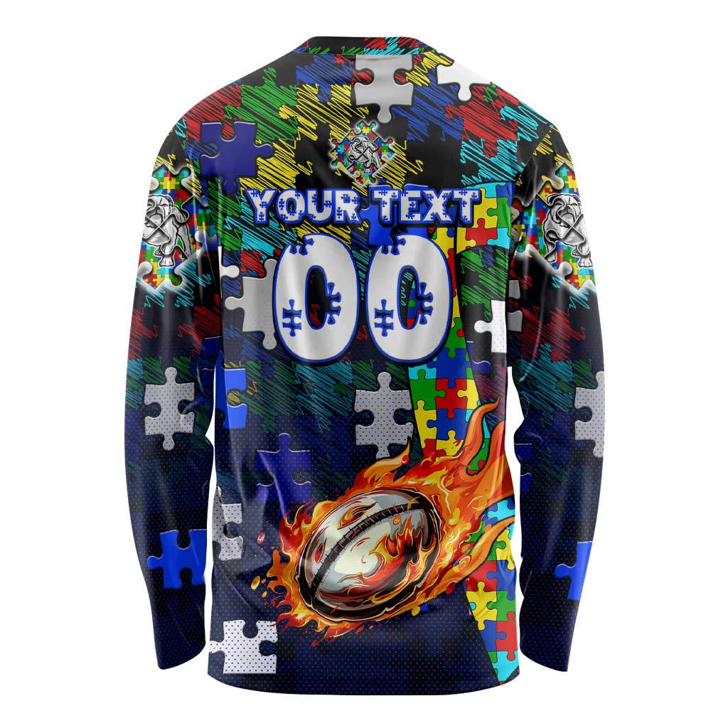 Bulldogs Autism Awareness Long Sleeve Shirt Puzzle Flames Rugby Ball