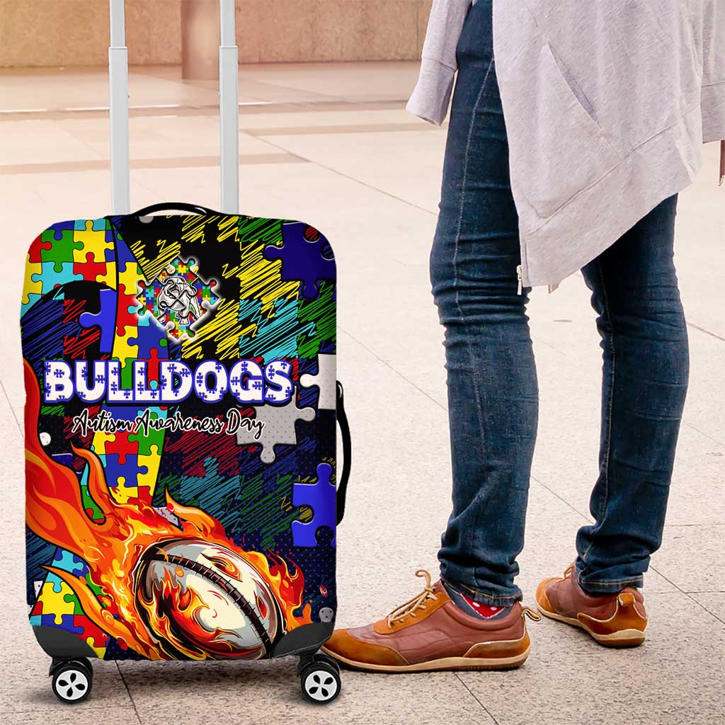 Bulldogs Autism Awareness Luggage Cover Puzzle Flames Rugby Ball