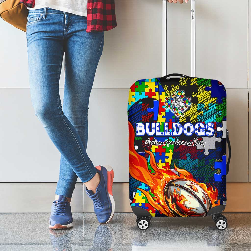 Bulldogs Autism Awareness Luggage Cover Puzzle Flames Rugby Ball