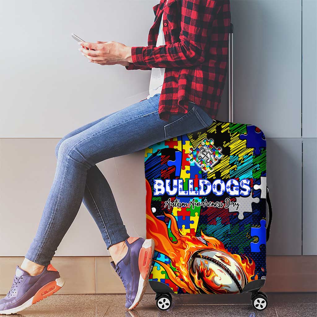 Bulldogs Autism Awareness Luggage Cover Puzzle Flames Rugby Ball