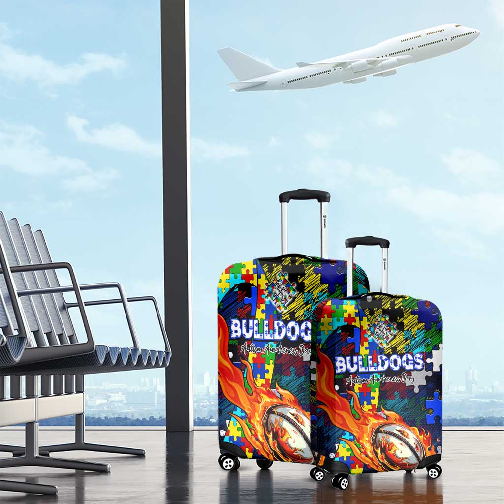 Bulldogs Autism Awareness Luggage Cover Puzzle Flames Rugby Ball