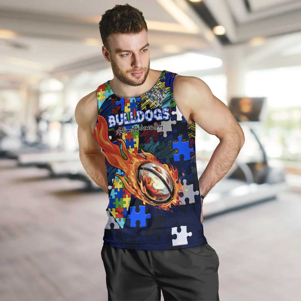 Bulldogs Autism Awareness Men Tank Top Puzzle Flames Rugby Ball