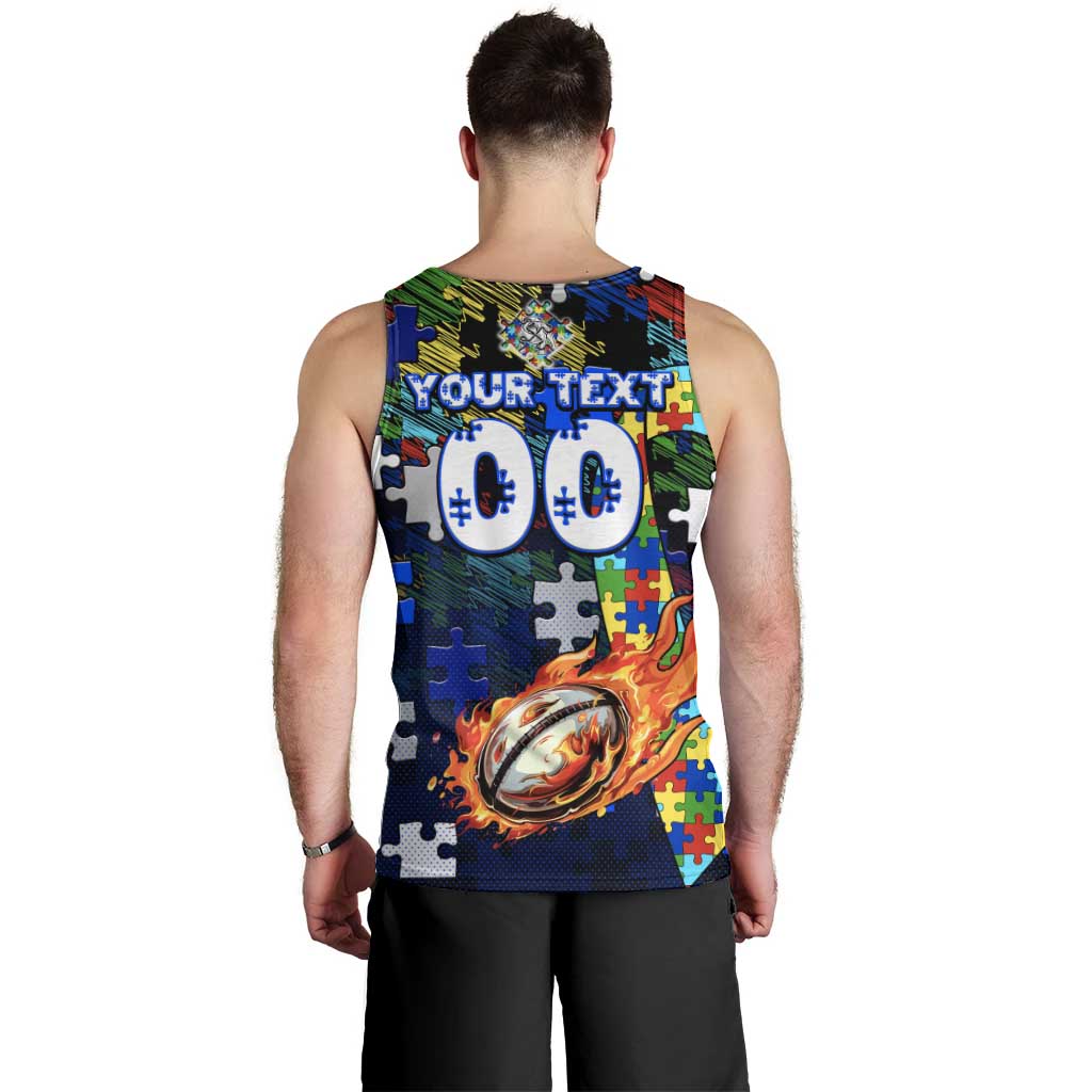 Bulldogs Autism Awareness Men Tank Top Puzzle Flames Rugby Ball