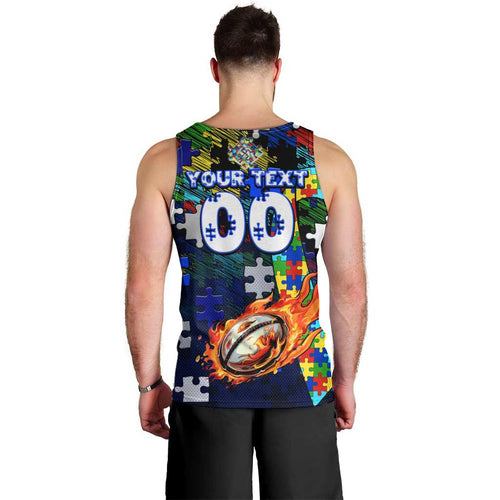 Bulldogs Autism Awareness Men Tank Top Puzzle Flames Rugby Ball
