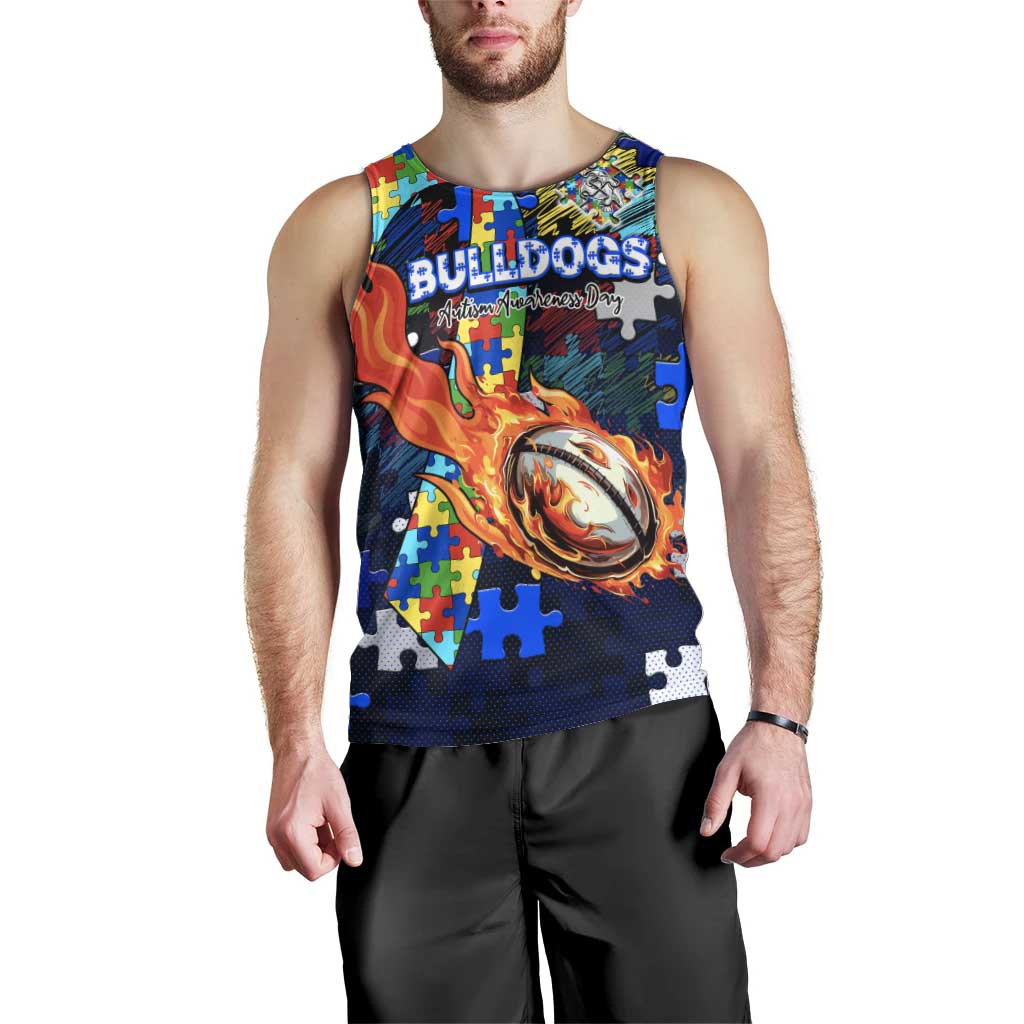 Bulldogs Autism Awareness Men Tank Top Puzzle Flames Rugby Ball