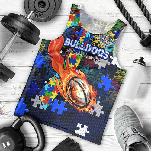 Bulldogs Autism Awareness Men Tank Top Puzzle Flames Rugby Ball