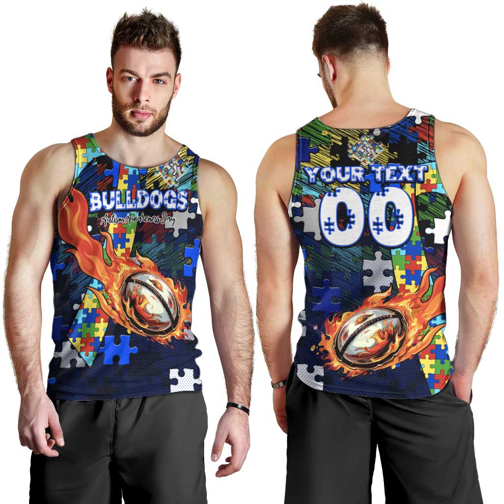 Bulldogs Autism Awareness Men Tank Top Puzzle Flames Rugby Ball