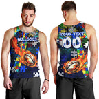 Bulldogs Autism Awareness Men Tank Top Puzzle Flames Rugby Ball