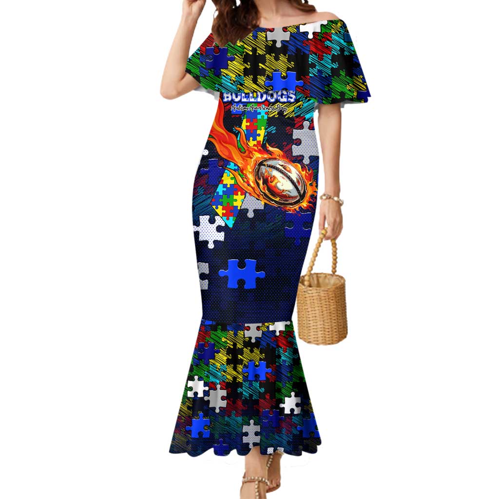 Bulldogs Autism Awareness Mermaid Dress Puzzle Flames Rugby Ball