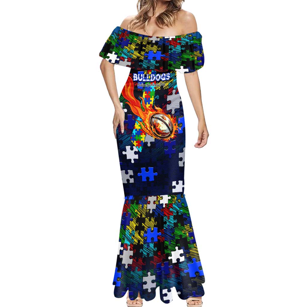 Bulldogs Autism Awareness Mermaid Dress Puzzle Flames Rugby Ball