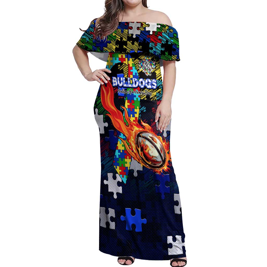 Bulldogs Autism Awareness Off Shoulder Maxi Dress Puzzle Flames Rugby Ball