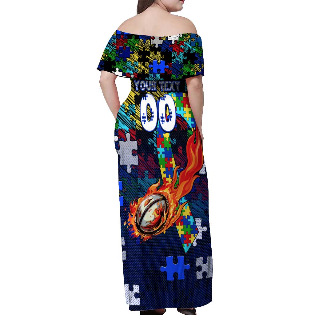 Bulldogs Autism Awareness Off Shoulder Maxi Dress Puzzle Flames Rugby Ball