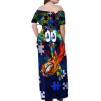 Bulldogs Autism Awareness Off Shoulder Maxi Dress Puzzle Flames Rugby Ball