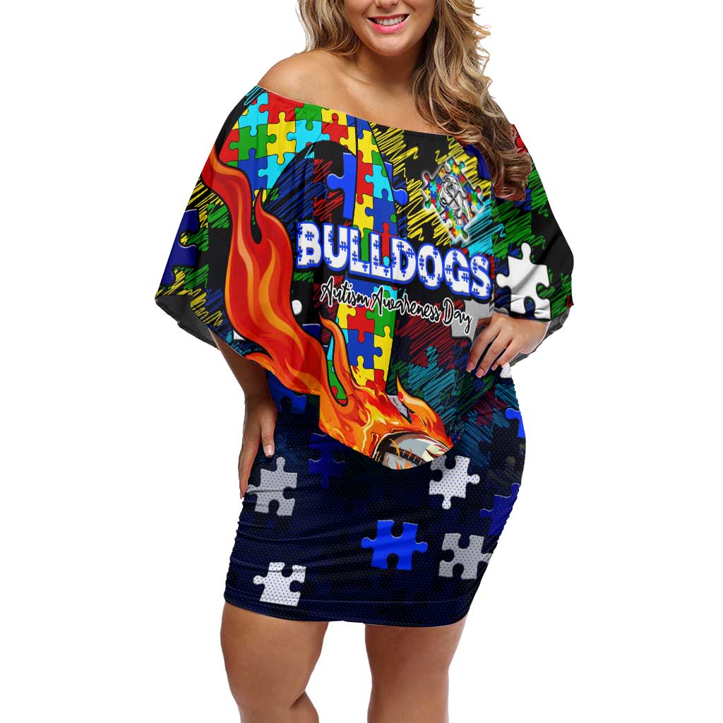 Bulldogs Autism Awareness Off Shoulder Short Dress Puzzle Flames Rugby Ball