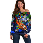 Bulldogs Autism Awareness Off Shoulder Sweater Puzzle Flames Rugby Ball