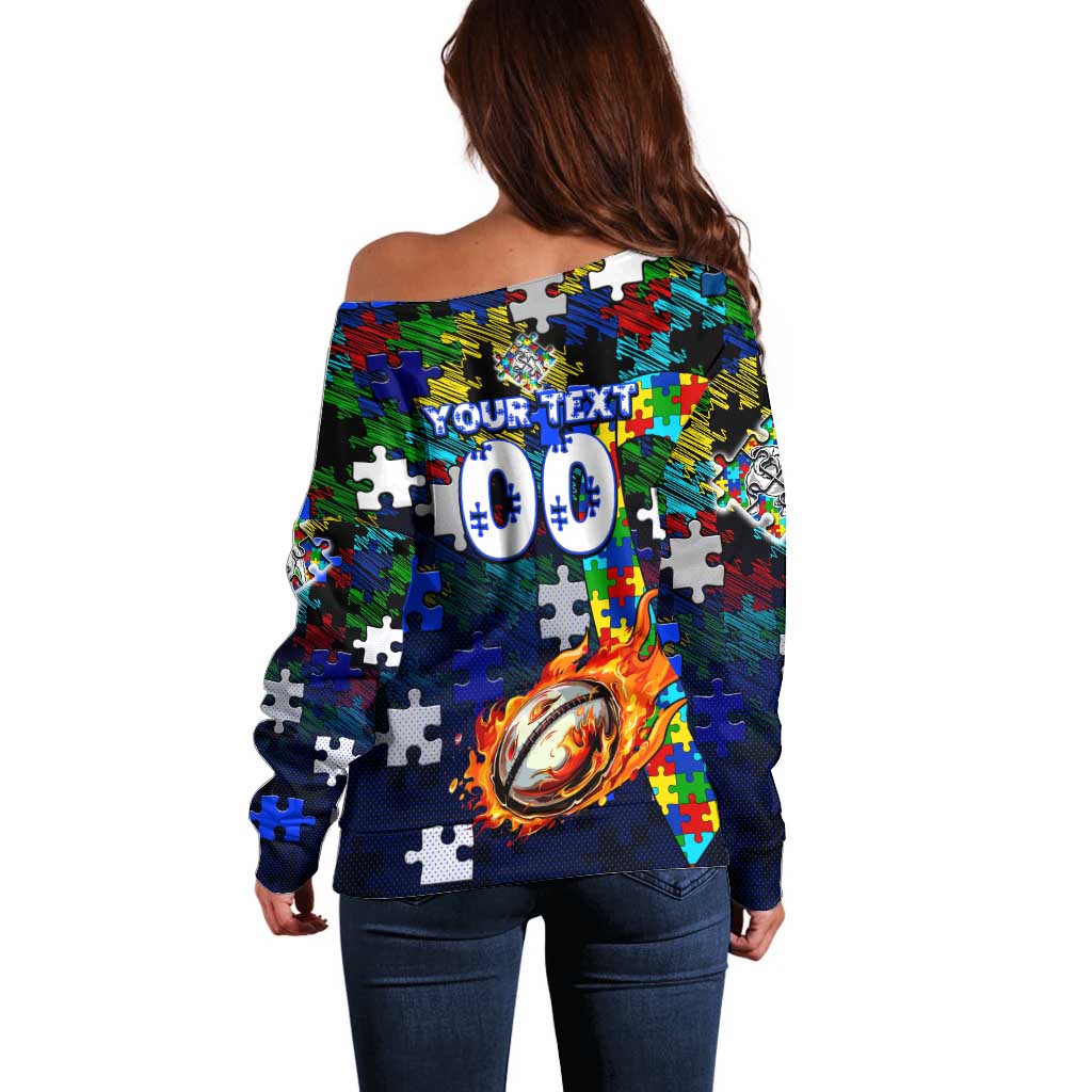 Bulldogs Autism Awareness Off Shoulder Sweater Puzzle Flames Rugby Ball