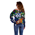 Bulldogs Autism Awareness Off Shoulder Sweater Puzzle Flames Rugby Ball