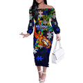 Bulldogs Autism Awareness Off The Shoulder Long Sleeve Dress Puzzle Flames Rugby Ball