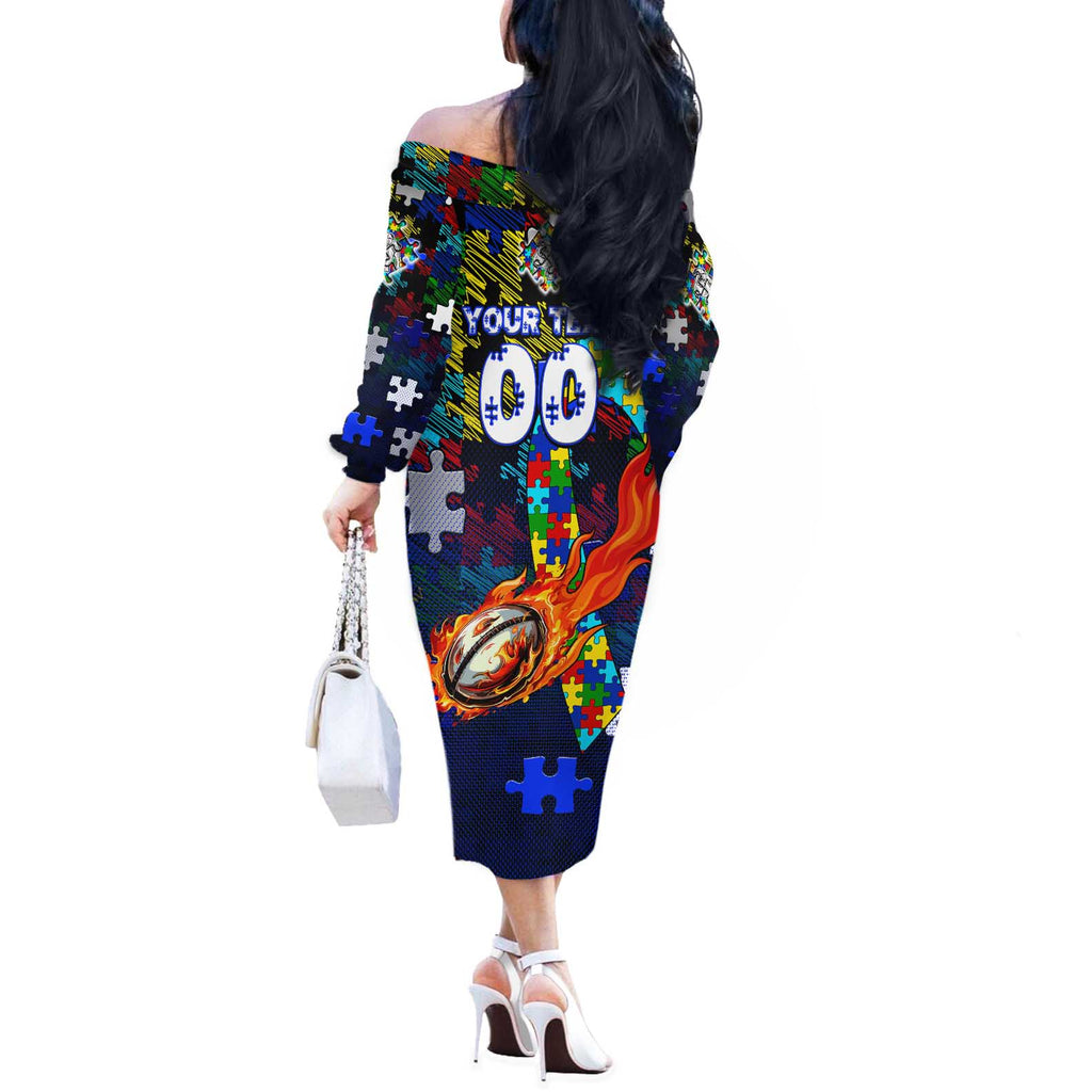 Bulldogs Autism Awareness Off The Shoulder Long Sleeve Dress Puzzle Flames Rugby Ball