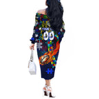 Bulldogs Autism Awareness Off The Shoulder Long Sleeve Dress Puzzle Flames Rugby Ball