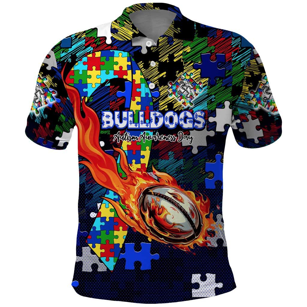 Bulldogs Autism Awareness Polo Shirt Puzzle Flames Rugby Ball