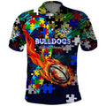 Bulldogs Autism Awareness Polo Shirt Puzzle Flames Rugby Ball