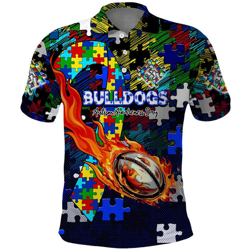 Bulldogs Autism Awareness Polo Shirt Puzzle Flames Rugby Ball