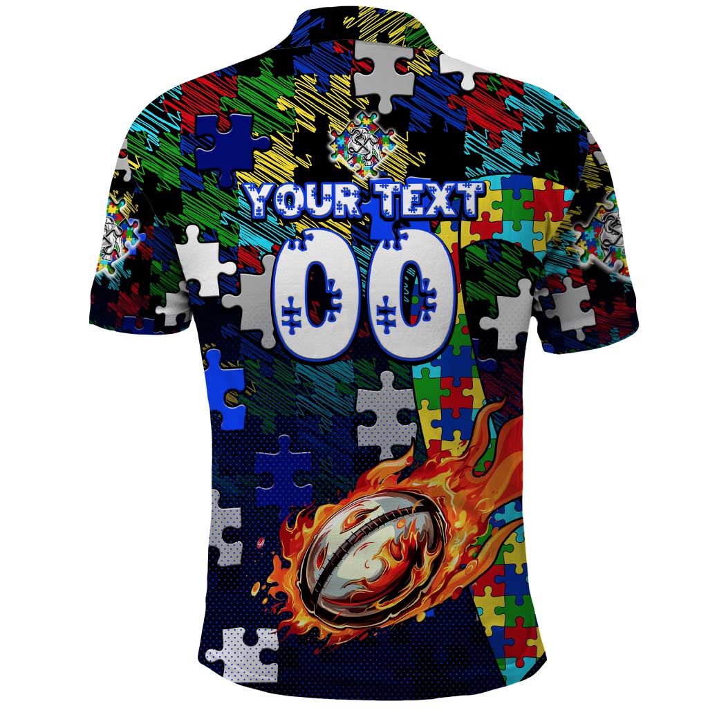 Bulldogs Autism Awareness Polo Shirt Puzzle Flames Rugby Ball