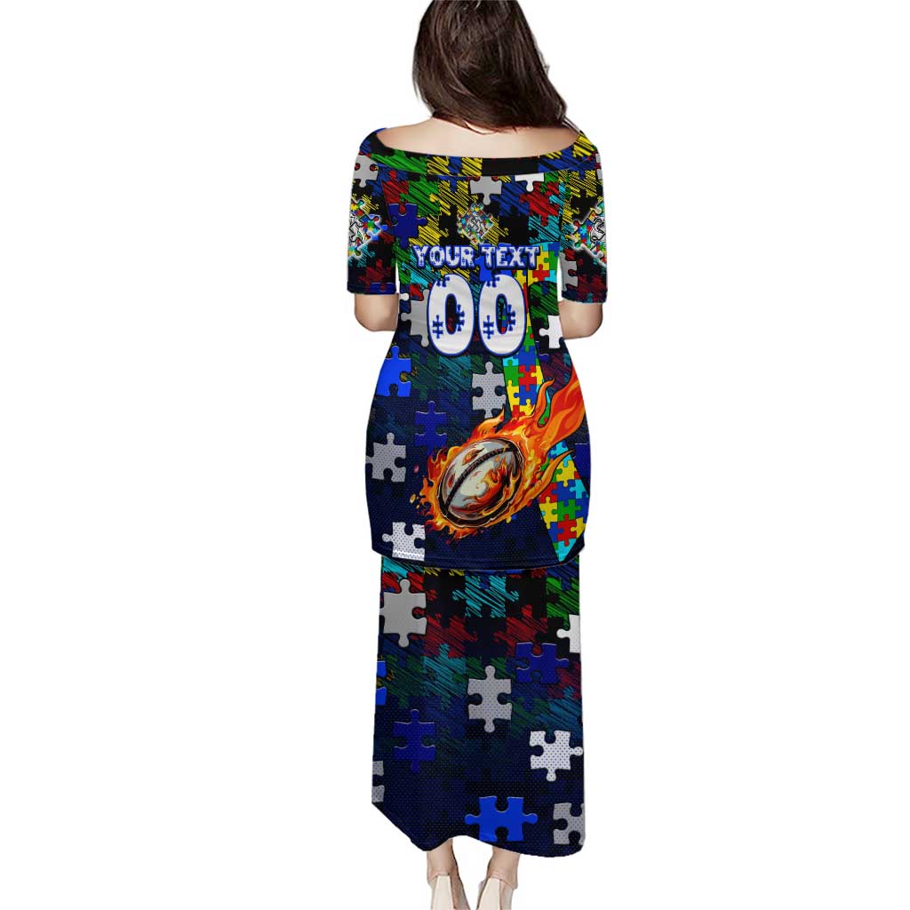 Bulldogs Autism Awareness Puletasi Puzzle Flames Rugby Ball