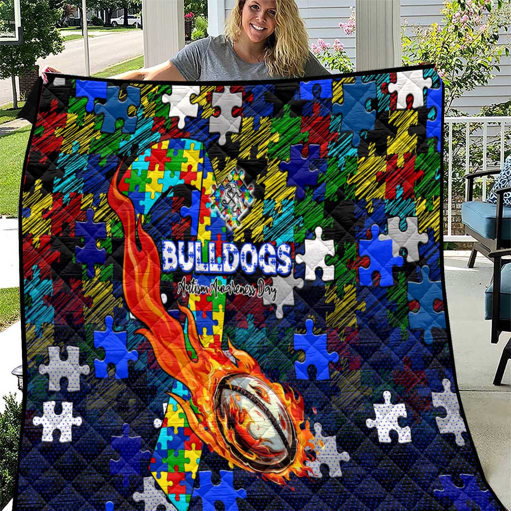 Bulldogs Autism Awareness Quilt Puzzle Flames Rugby Ball