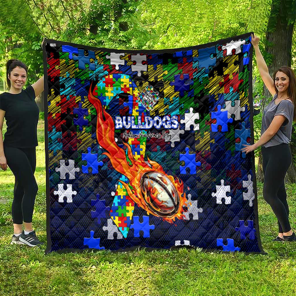 Bulldogs Autism Awareness Quilt Puzzle Flames Rugby Ball