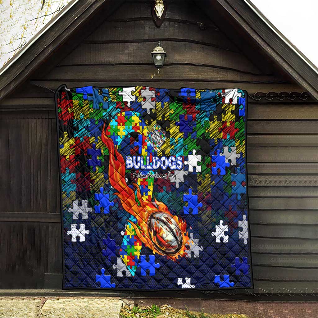 Bulldogs Autism Awareness Quilt Puzzle Flames Rugby Ball