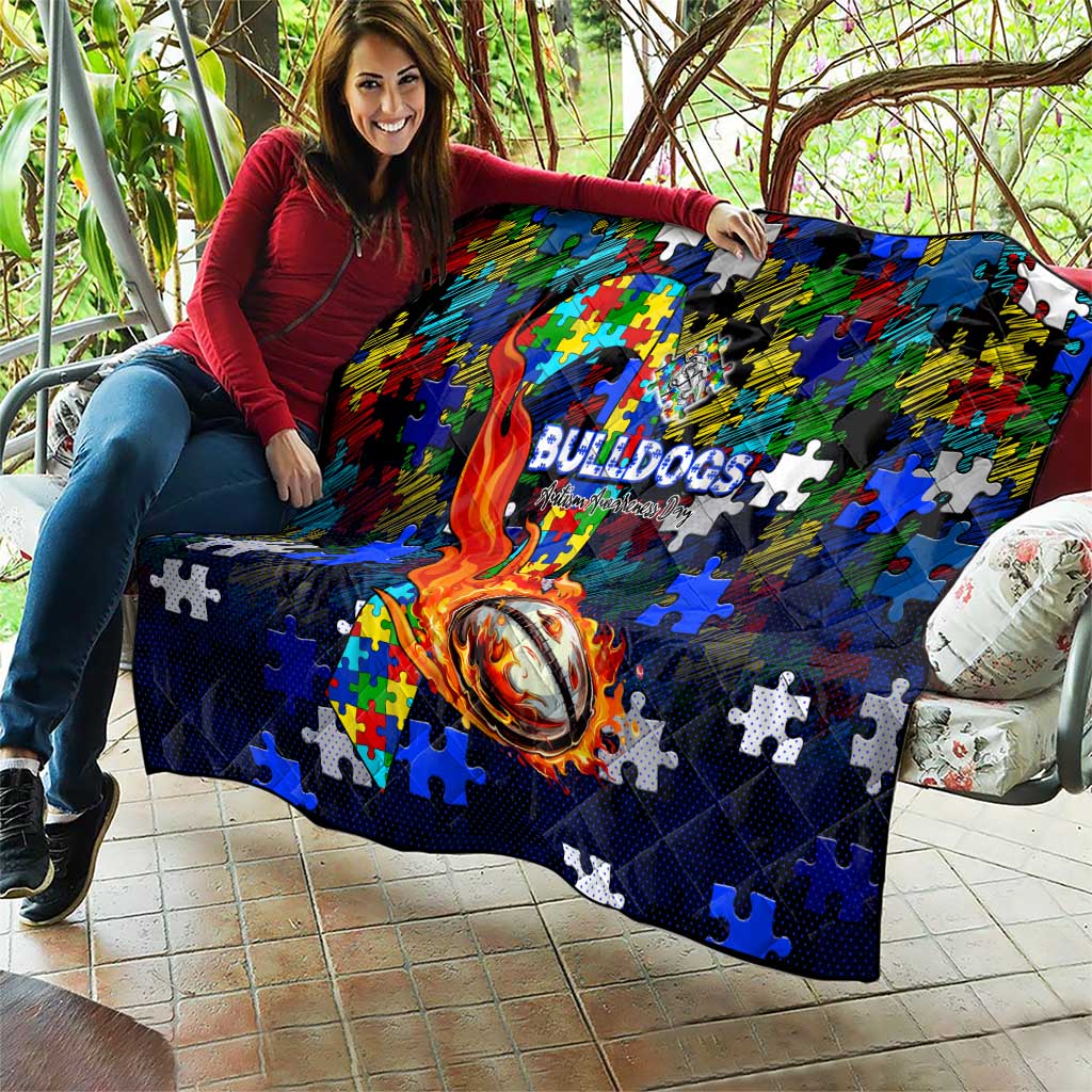 Bulldogs Autism Awareness Quilt Puzzle Flames Rugby Ball