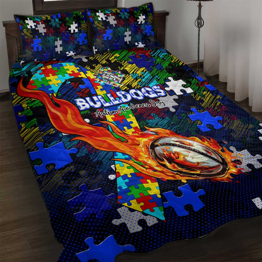Bulldogs Autism Awareness Quilt Bed Set Puzzle Flames Rugby Ball